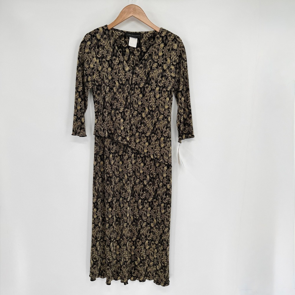 Connected Apparel Vtg Gold/Black Paisley Ribbed 3/4 Sleeve Dress Women's Sz 8P - Picture 1 of 12